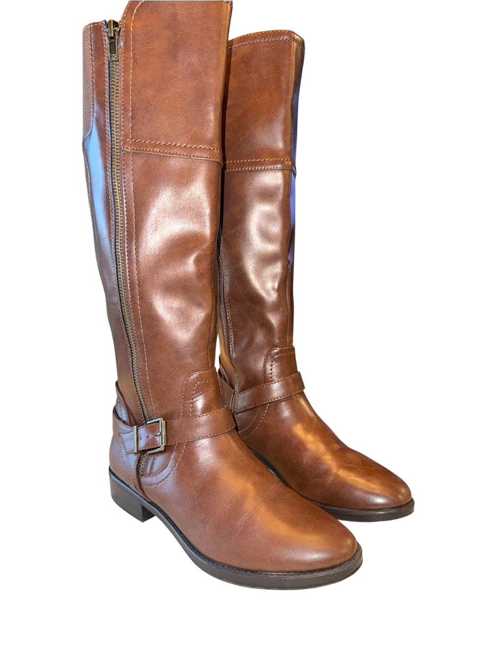 Merona Adeline Brown Zip Up Faux Leather Riding Boots, Size 7.5